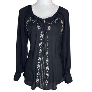 Takara Women's Peasant Embroidered Geometric Cottage Core Blouse Top M